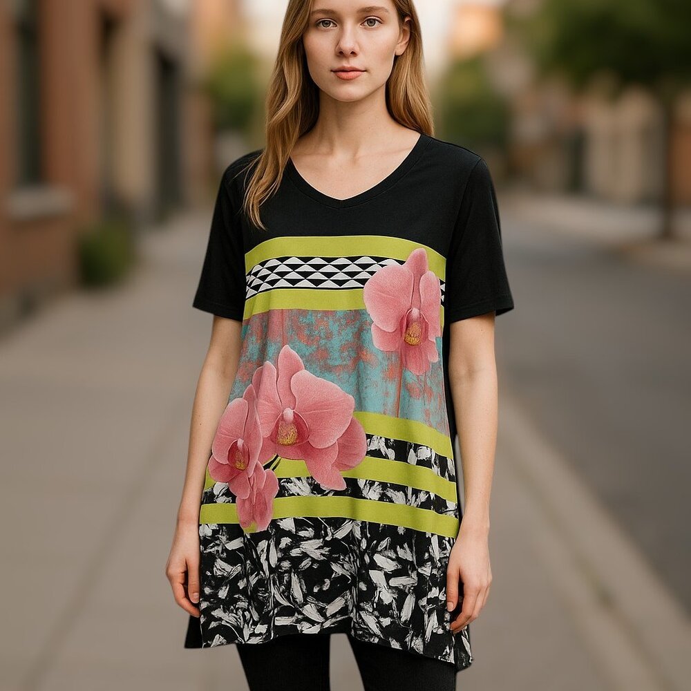 Nygard Floral Garden Print Shark Bit Flutter Hem Tunic Size Medium